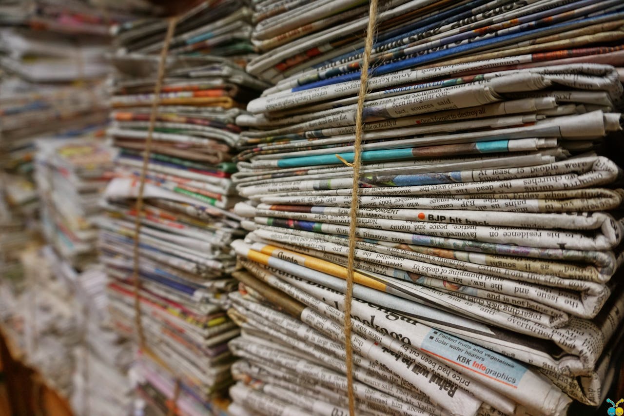 our-story Close-up view of stacked newspapers tied with twine, ideal for recycling and storage concepts.